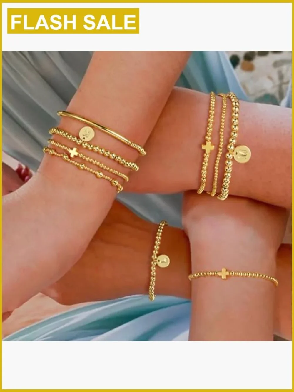 Dainty Cross Initial Beaded Bracelet Stack Gold Stainless Steel Layered Set